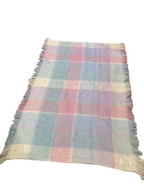 AVOCA Handweavers wool and mohair throw blanket. Pastel plaid lap blanket 54x38